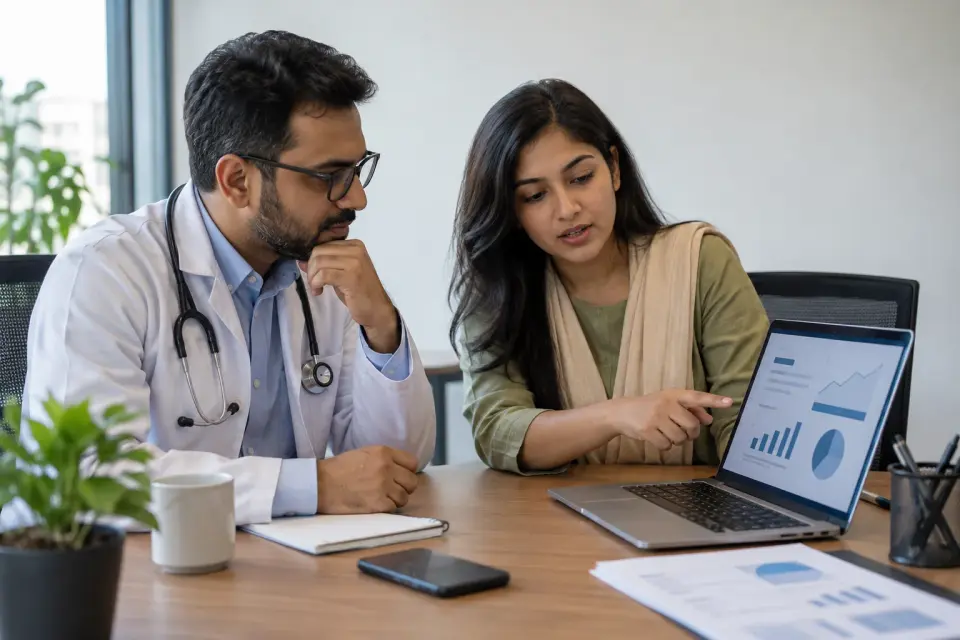 Doctor and marketer discussing an advertising report Doctor and marketer discussing an advertising report