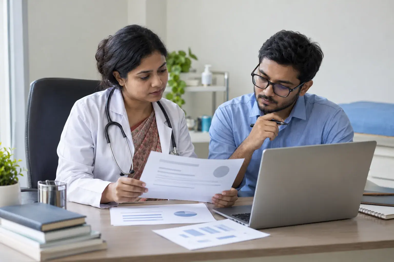 Doctor and content specialist verifying patient-facing ad copy Doctor and content specialist verifying patient-facing ad copy