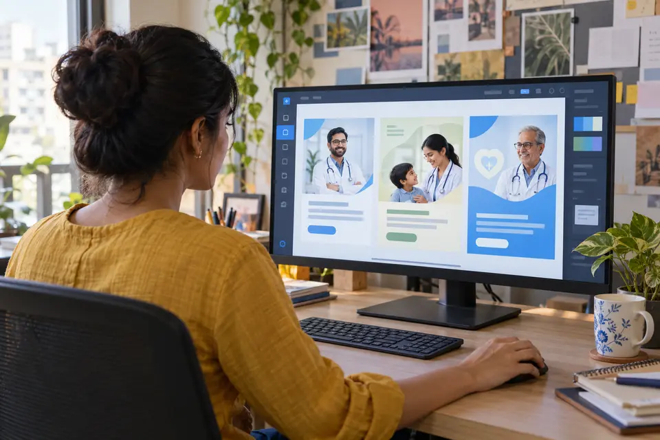 A paid-social specialist reviewing healthcare ad creatives in an agency office A paid-social specialist reviewing healthcare ad creatives in an agency office
