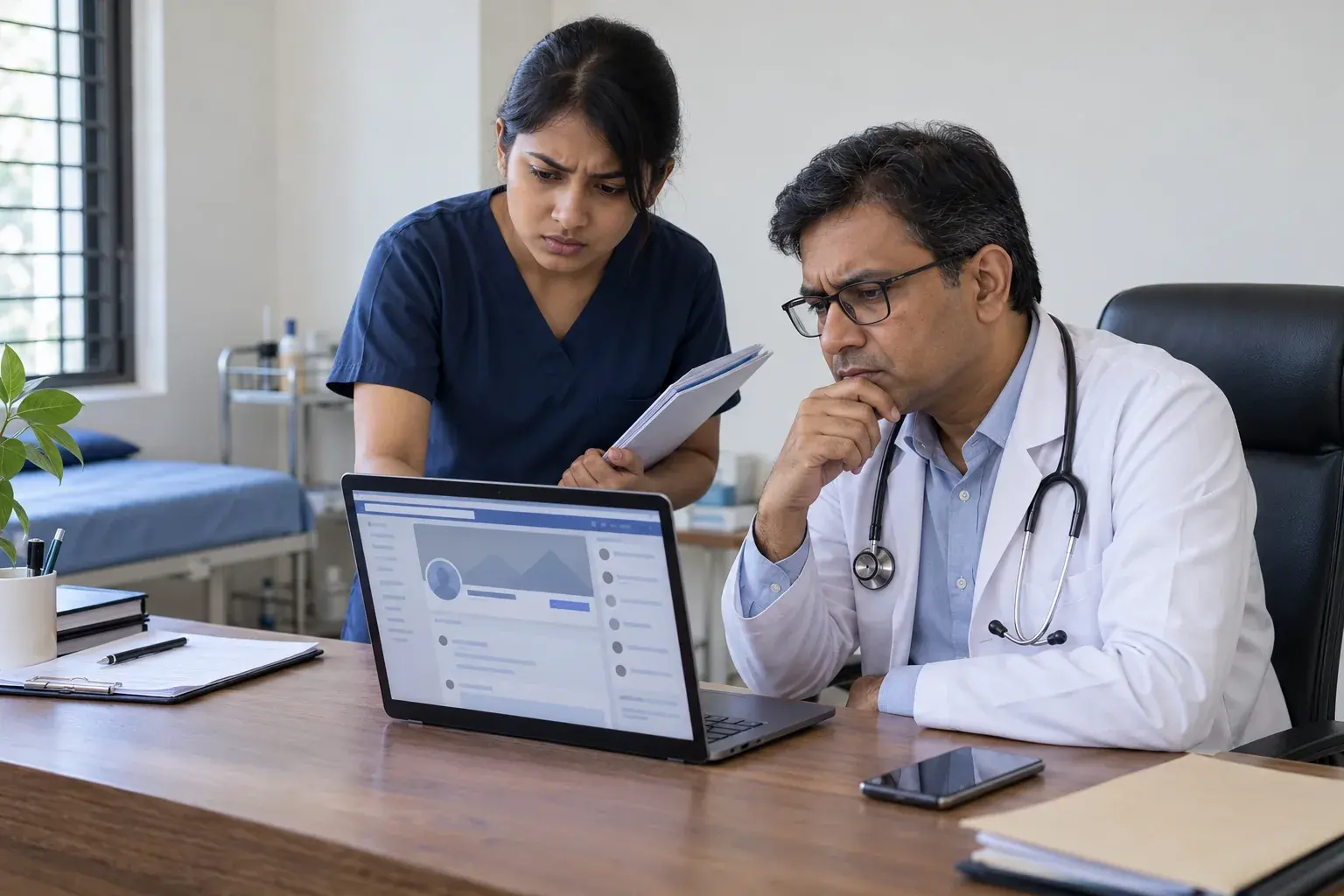 Doctor and staff checking the practice Facebook information