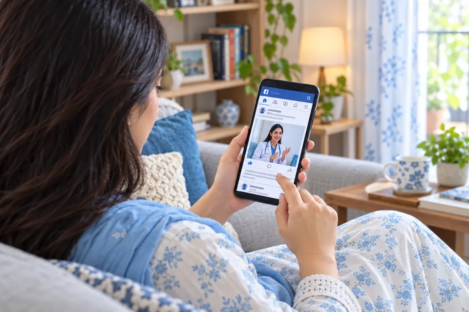 Physician social page being viewed from a home sofa.