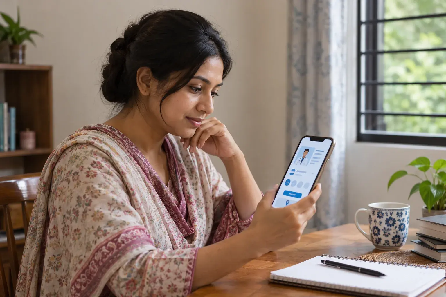 Woman looking at a doctor social profile on her phone at home