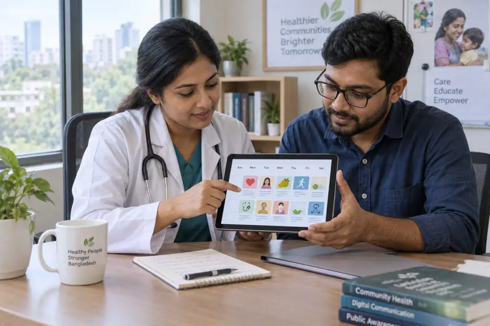 A doctor and a civilian communications specialist review a simple educational-post calendar on a front-facing tablet in an agency office, without platform branding.