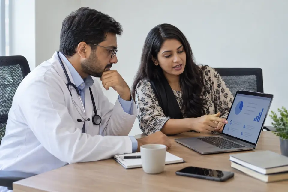 Doctor and marketer planning the practice Facebook presence