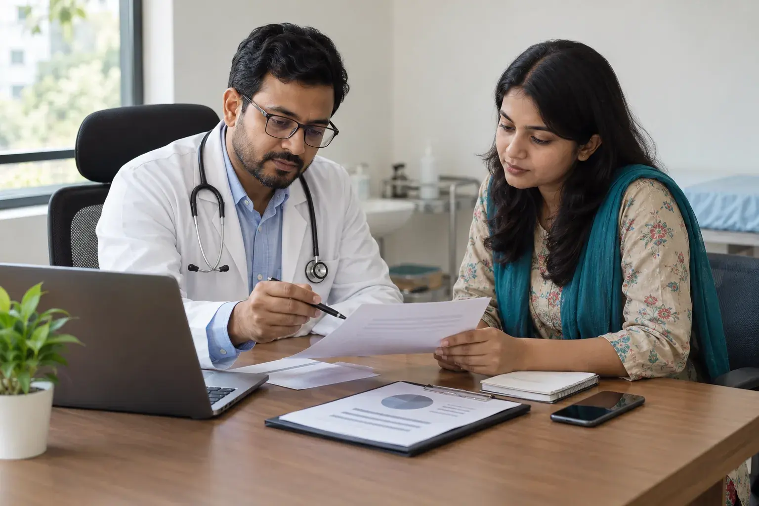 Doctor and content specialist reviewing patient-facing social information