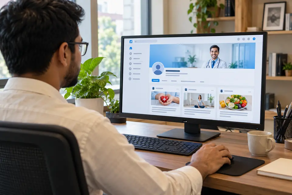 A digital professional reviewing a doctor’s social page in an agency office A digital professional reviewing a doctor’s social page in an agency office