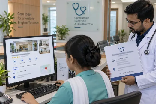 Checking doctor chamber listing details Doctor and chamber receptionist reviewing a public business listing and visiting hours