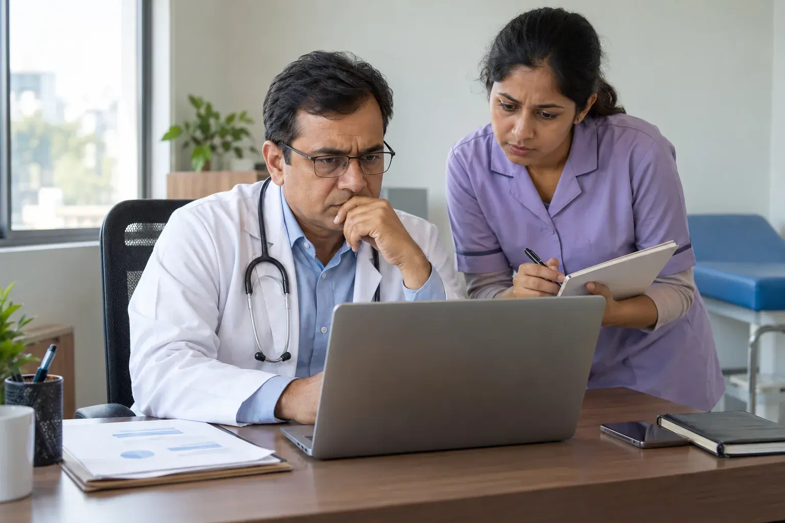 Doctor and assistant checking proposed search advertising information