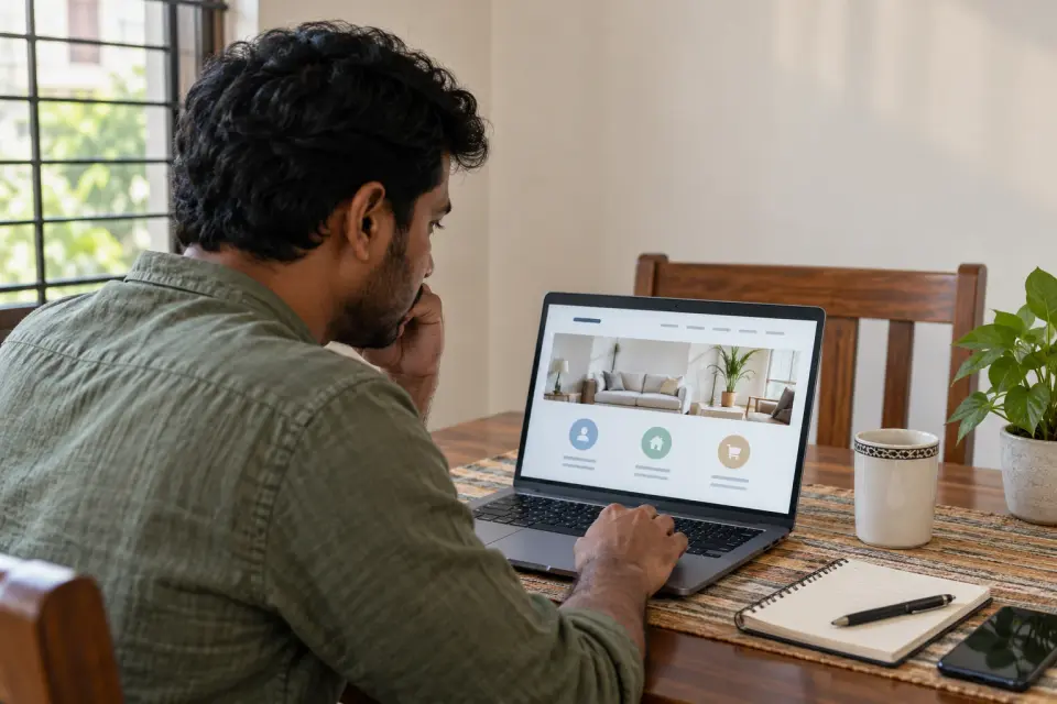 Man looking up a healthcare service on a laptop at home