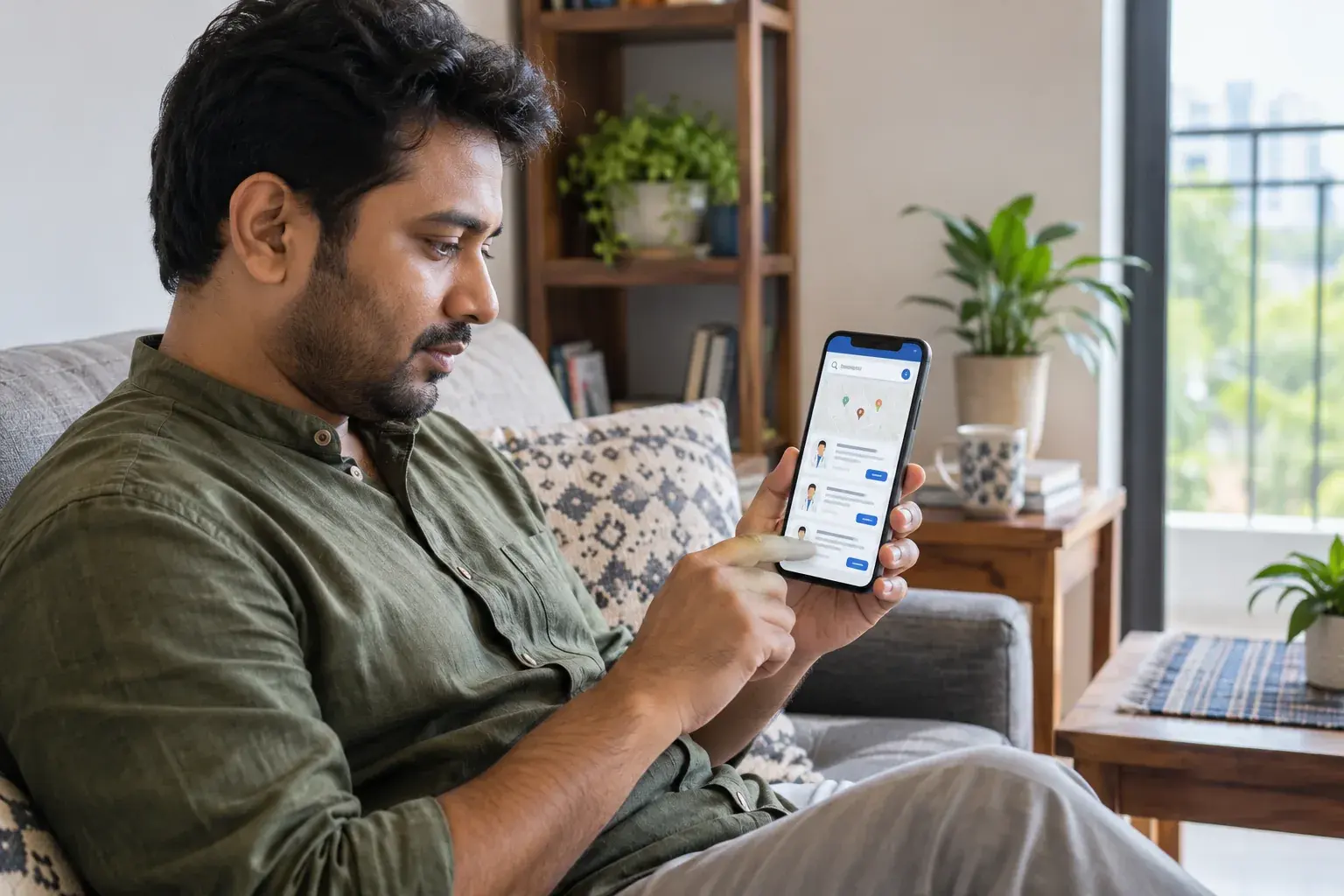 Man viewing a doctor search advertisement on his phone at home