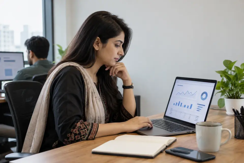 Advertising specialist reviewing a doctor campaign report