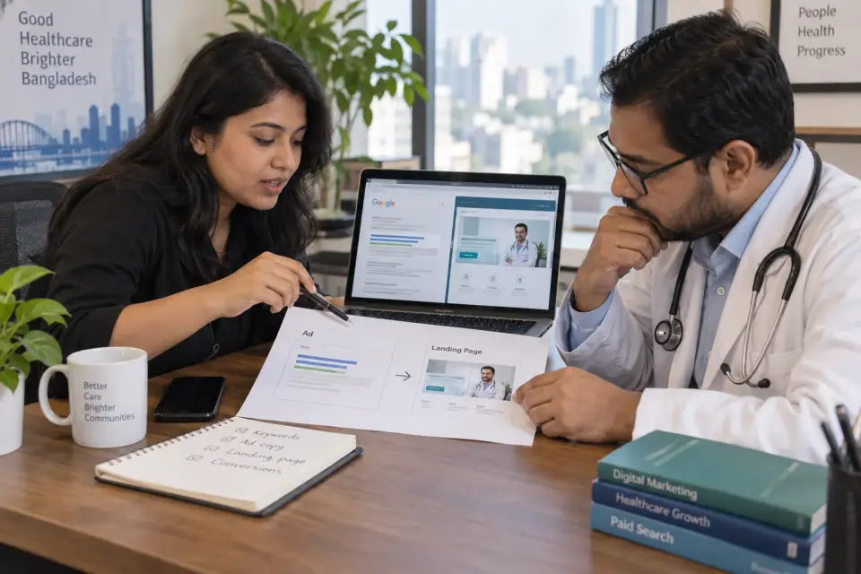 At an agency desk, a civilian paid-search specialist checks an ad-to-chamber-page path on paper while a doctor verifies the service wording.