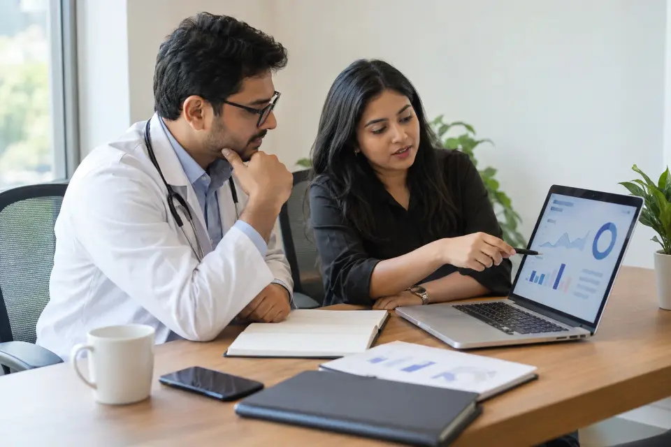 Doctor and marketer discussing a search advertising report