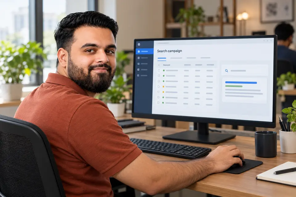 Hridoy Chowdhury reviewing a search campaign at an agency workstation Hridoy Chowdhury reviewing a search campaign at an agency workstation