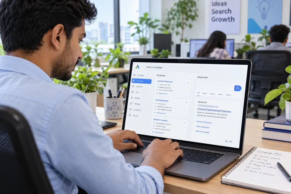 Paid-search campaign setup at an agency workstation.