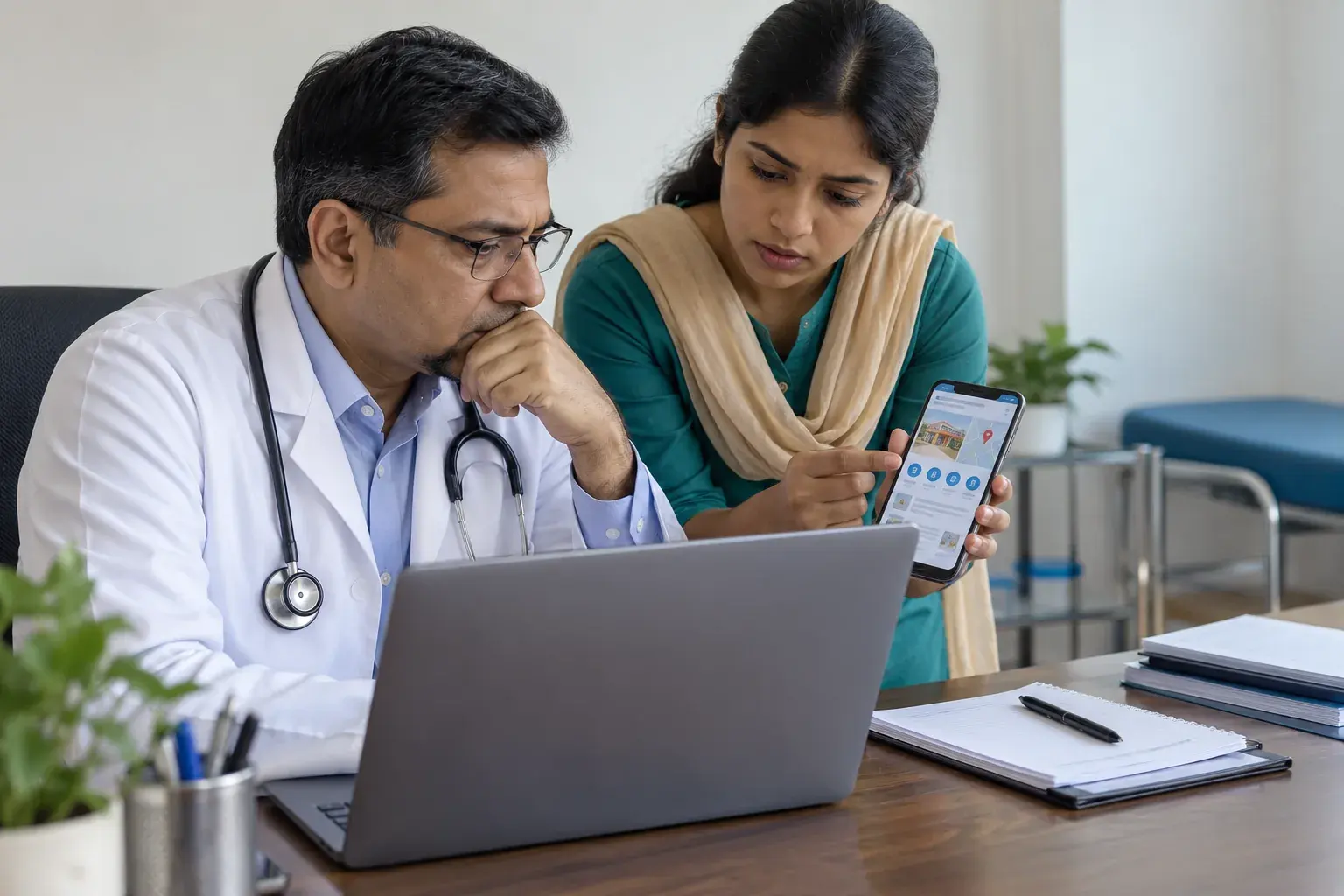Doctor and assistant checking a practice listing on a phone Doctor and assistant checking a practice listing on a phone