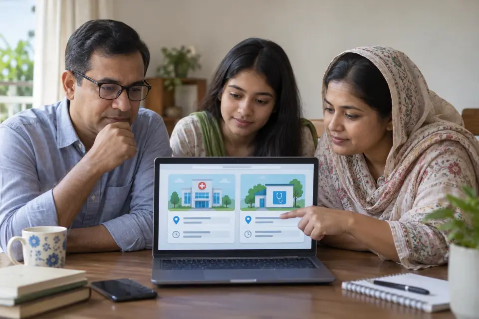 Family comparing two chamber locations on a laptop at home Family comparing two chamber locations on a laptop at home