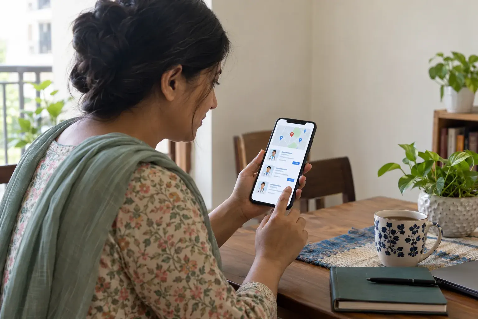 Woman looking up a doctor location on her phone at home Woman looking up a doctor location on her phone at home