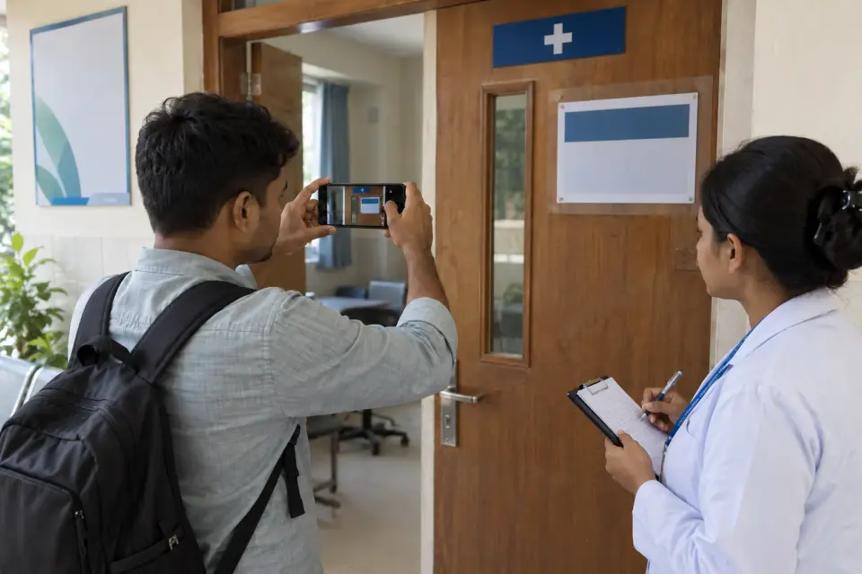 At a doctor's chamber entrance, a civilian profile specialist photographs the doorway while an assistant checks the entrance details.