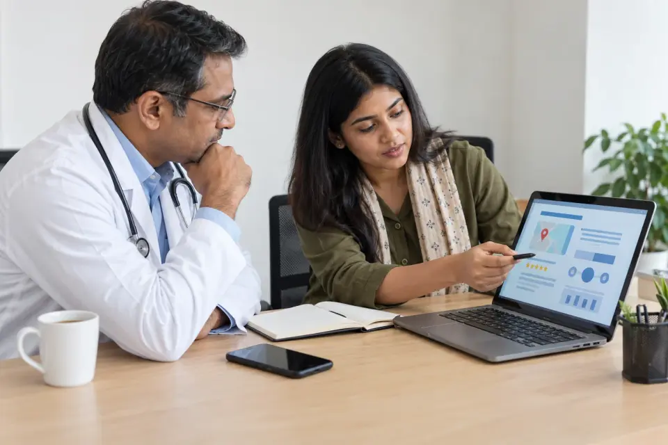 Doctor and specialist reviewing a practice location listing Doctor and specialist reviewing a practice location listing