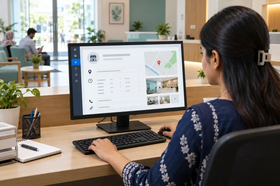 Chamber administrator reviewing listing address, hours and contact details at reception
