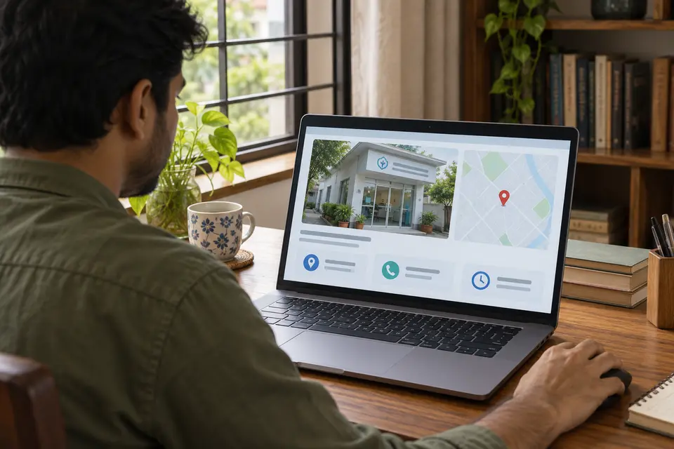 A person reviewing a chamber information card and map on a laptop at home A person reviewing a chamber information card and map on a laptop at home