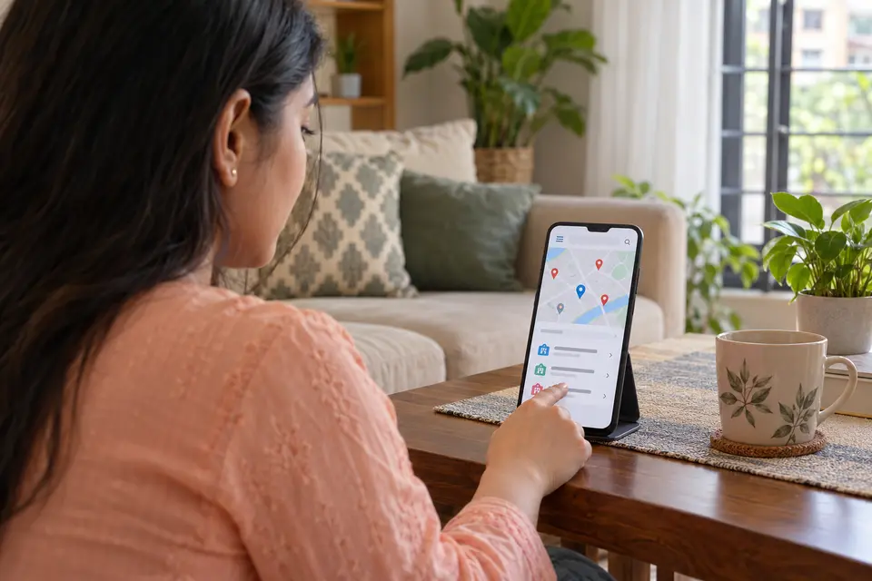 A woman checking nearby chamber locations on a phone map at home A woman checking nearby chamber locations on a phone map at home