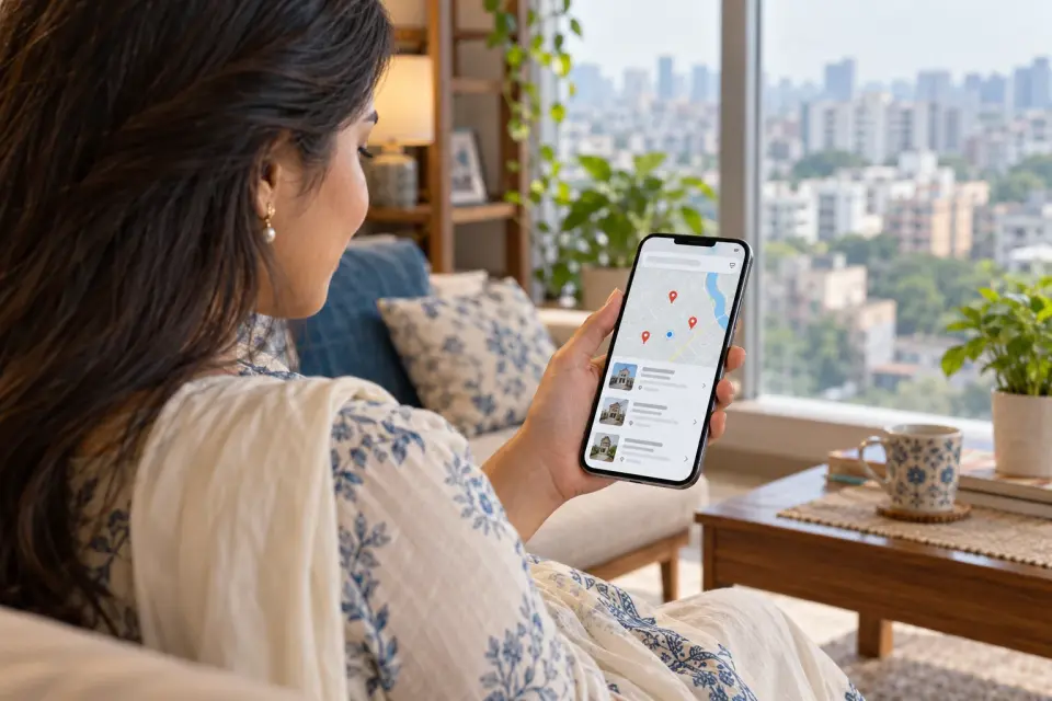 Woman checking nearby chamber locations on her phone at home in Dhaka
