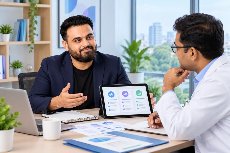 Hridoy Chowdhury discussing coordinated marketing options with a physician.