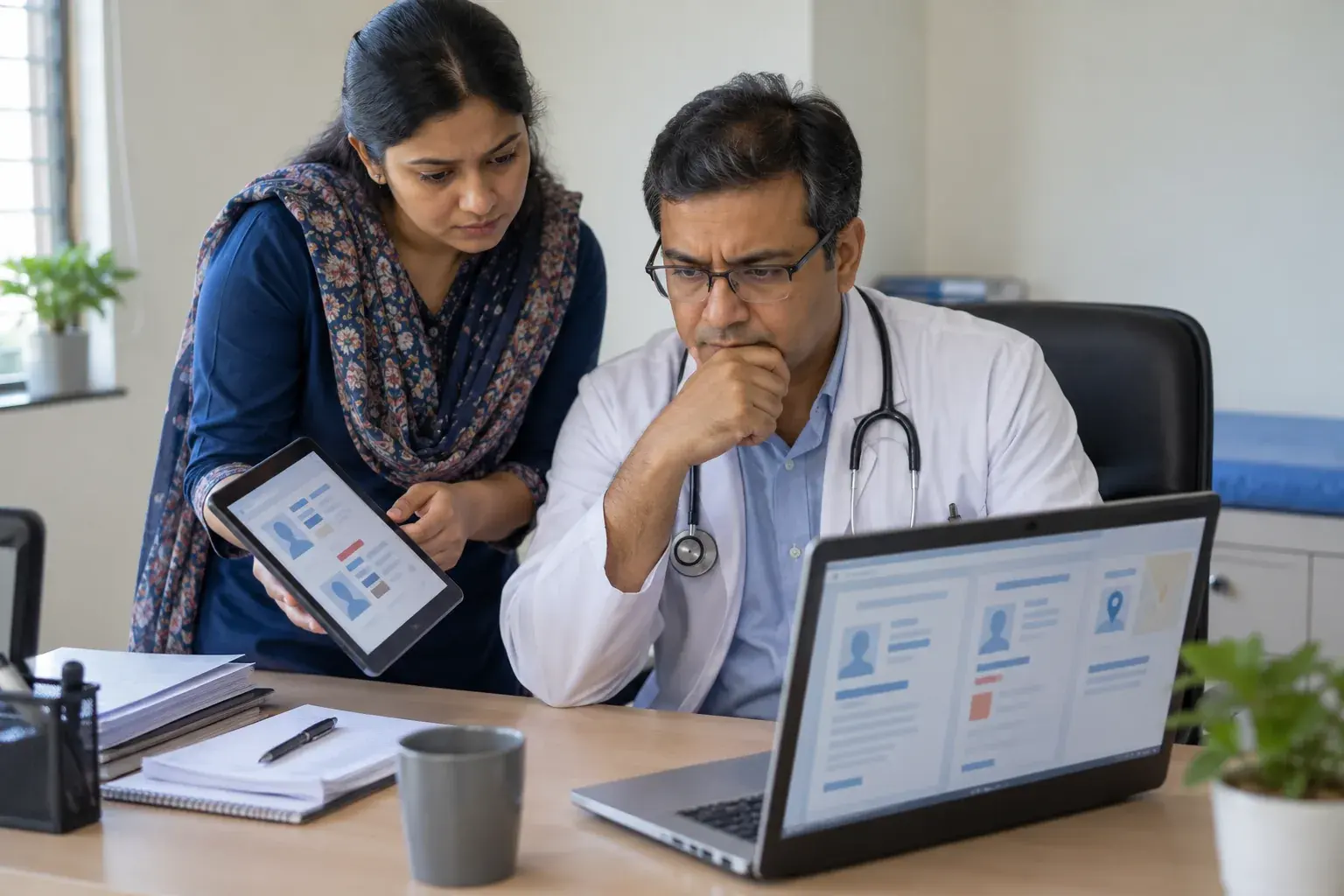 Doctor and specialist comparing online professional profile drafts Doctor and specialist comparing online professional profile drafts