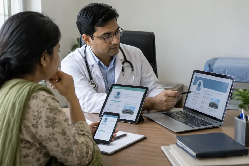 Doctor explaining professional information to a visitor Doctor explaining professional information to a visitor