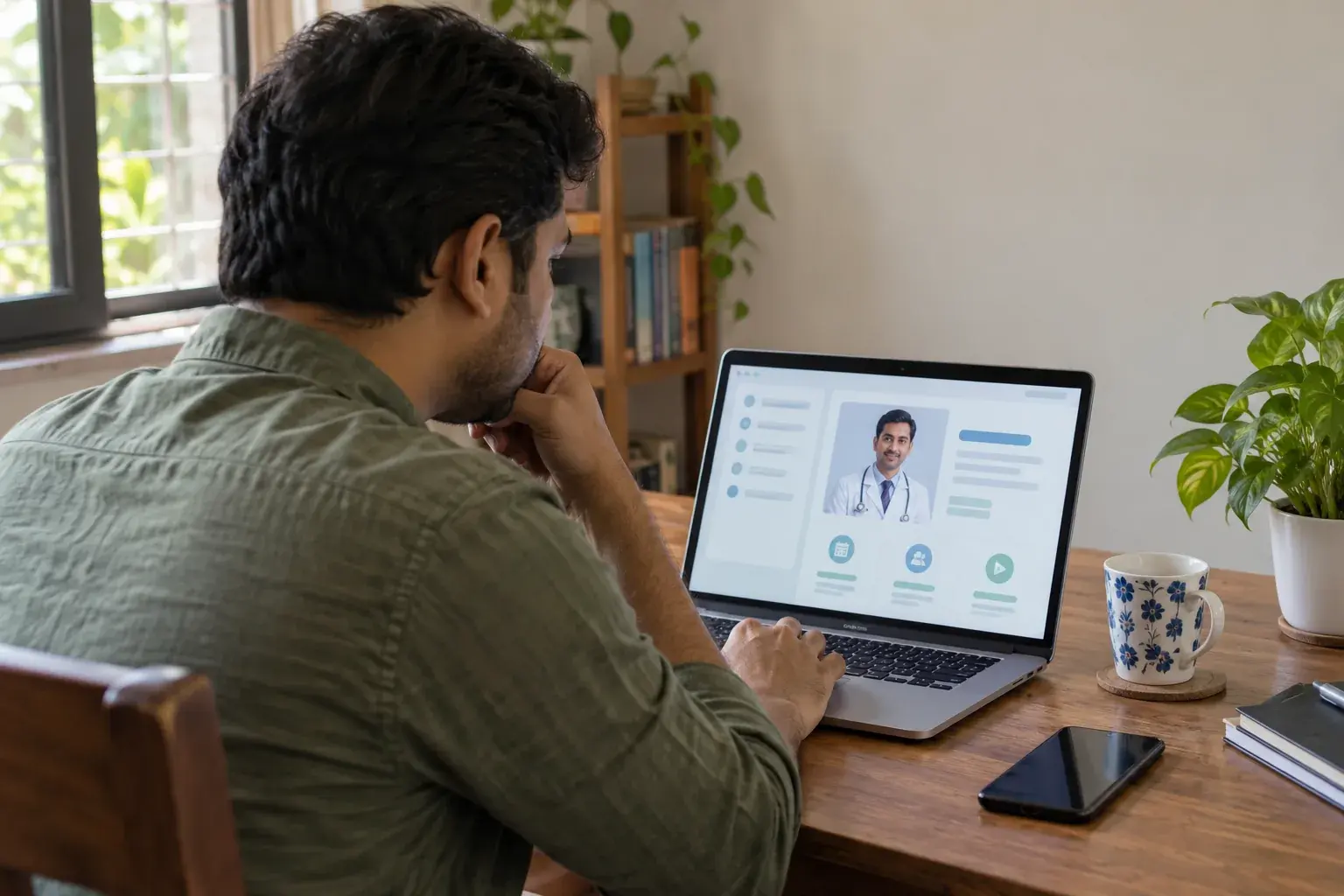 Man viewing a doctor professional profile on a laptop at home Man viewing a doctor professional profile on a laptop at home