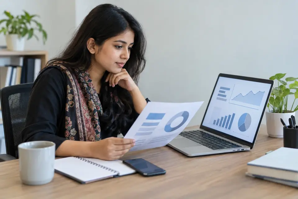 Specialist reviewing a doctor profile report and printed material Specialist reviewing a doctor profile report and printed material
