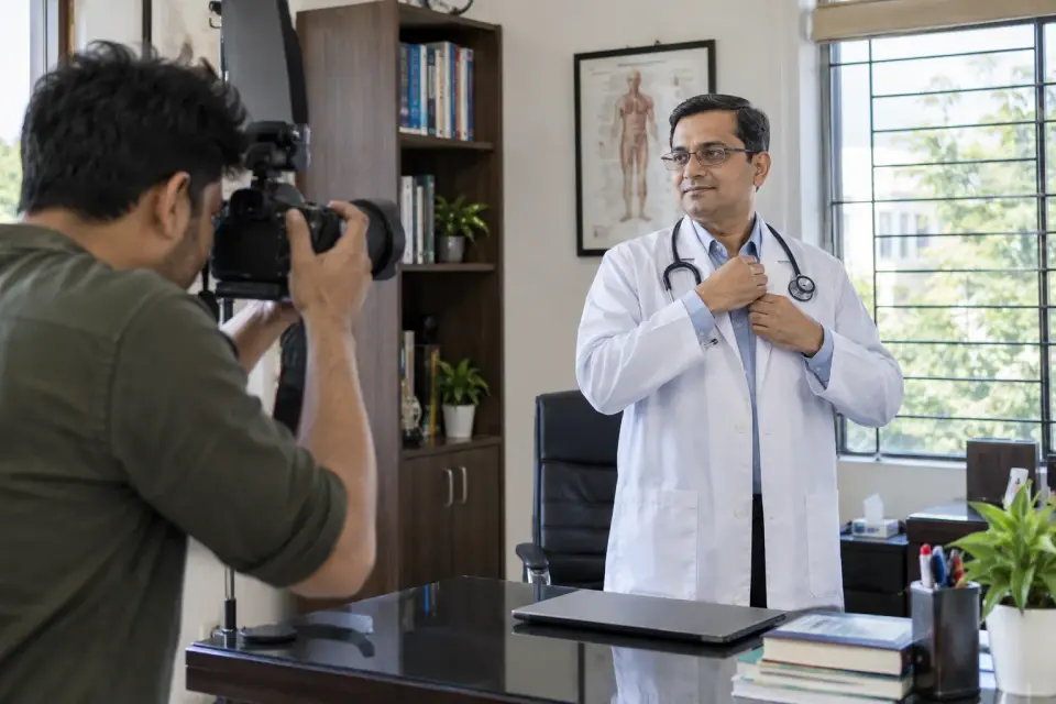 In a doctor's own chamber, a civilian photographer prepares a natural professional portrait while the doctor adjusts ordinary work attire, without awards or staged patients.