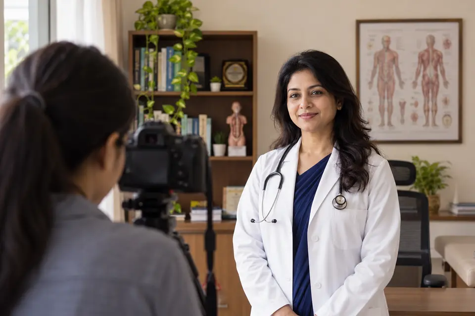 A doctor posing for a professional portrait in her chamber A doctor posing for a professional portrait in her chamber