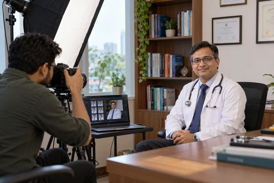 On-location doctor headshot session in a professional chamber.