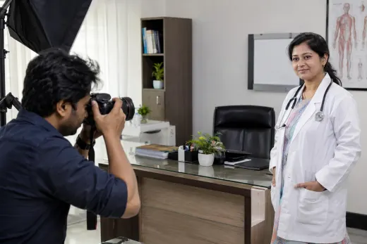 Creating a credible doctor profile portrait Photographer taking a doctor’s professional portrait inside her chamber