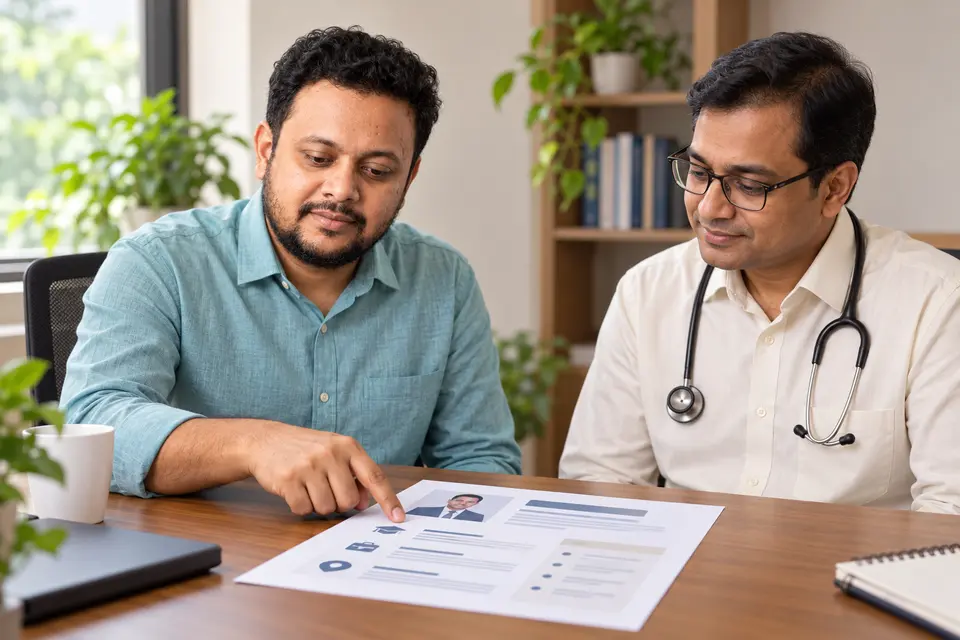 Sirajul Islam reviewing a printed professional profile layout with a doctor Sirajul Islam reviewing a printed professional profile layout with a doctor
