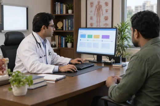 Checking patient history during a chamber visit Doctor reviewing a visit timeline on a computer with a patient in his chamber