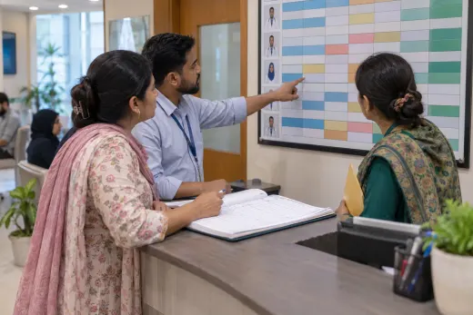 Coordinating doctor visiting sessions Reception staff reviewing doctors’ sessions across chambers on a schedule board