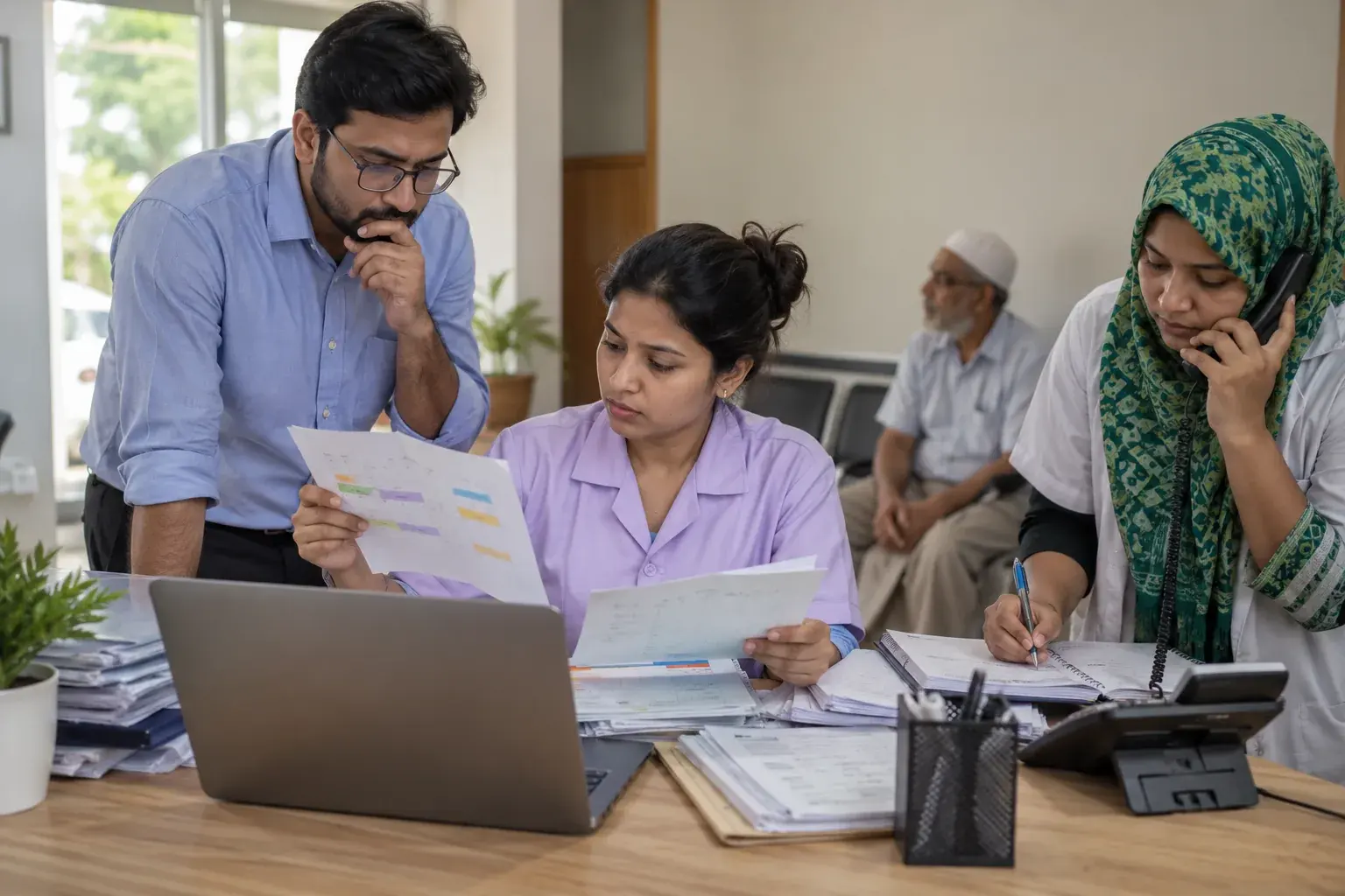 Doctor and reception team reconciling appointment schedules Doctor and reception team reconciling appointment schedules