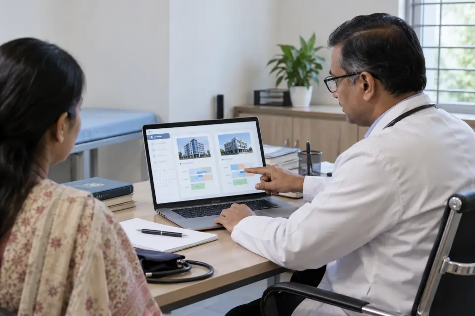 Doctor showing scheduling information to a patient Doctor showing scheduling information to a patient