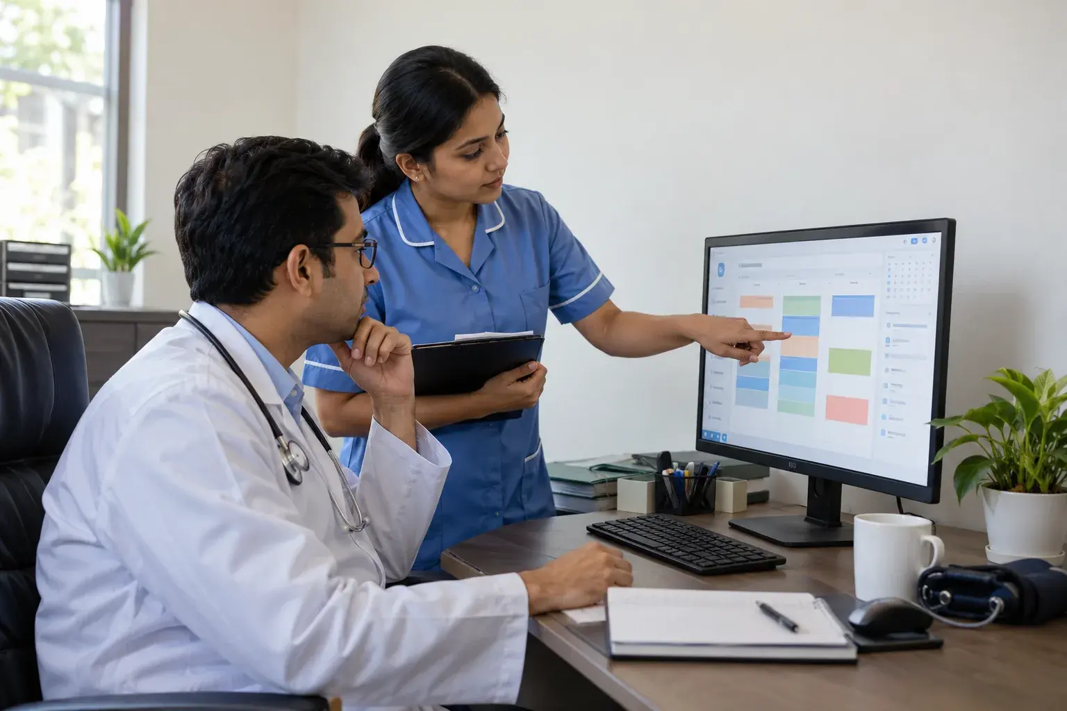 Doctor checking a digital chamber schedule with an assistant Doctor checking a digital chamber schedule with an assistant