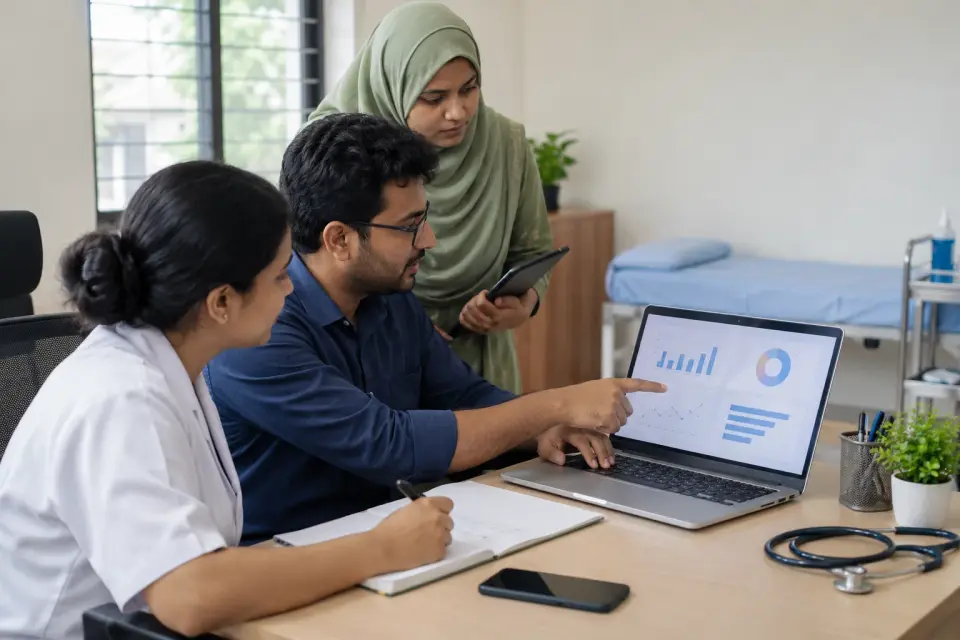 Clinic team reviewing scheduling records on a laptop Clinic team reviewing scheduling records on a laptop