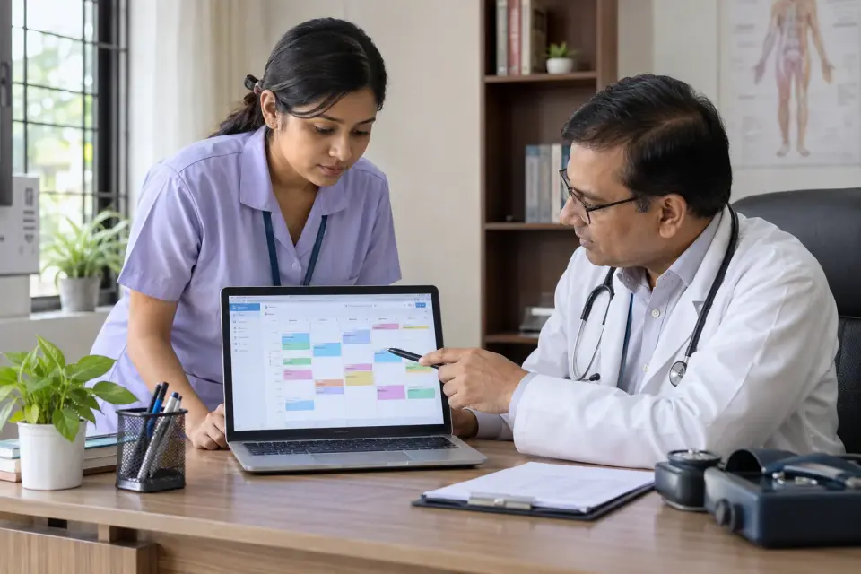 At a quiet doctor's chamber desk, an assistant and doctor compare a weekly room timetable and session blocks on a front-facing laptop.