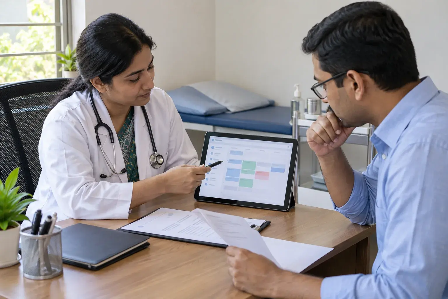 Doctor and staff member verifying appointment information Doctor and staff member verifying appointment information