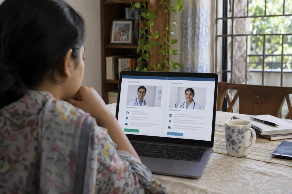 At home in Bangladesh, a prospective patient compares two doctor profile pages on a front-facing laptop.