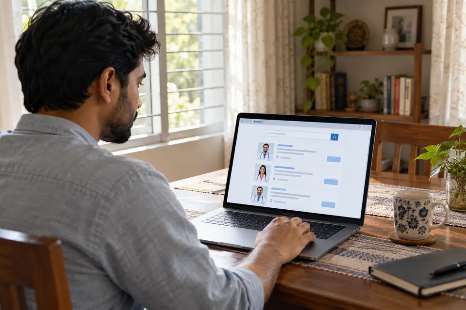 A man researching doctor profiles on a laptop at his home dining table A man researching doctor profiles on a laptop at his home dining table