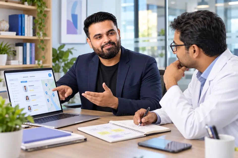 Hridoy Chowdhury discussing doctor search visibility with a physician at an agency meeting table.