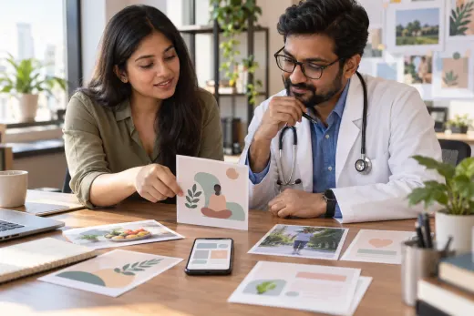 Planning doctor social media content Doctor and civilian strategist reviewing patient education post ideas at an agency